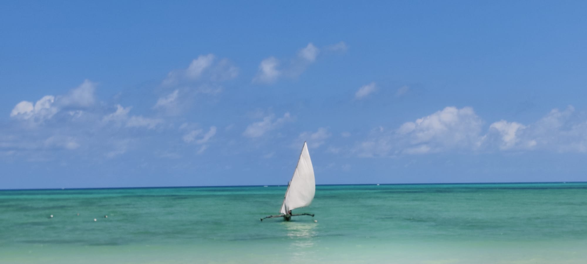 A traditional Zanzibari dhow wooden sailboat with a distinct triangular white sail gliding across vibrant, clear turquoise ocean waters under a bright blue sky with soft white clouds near Paje Beach.