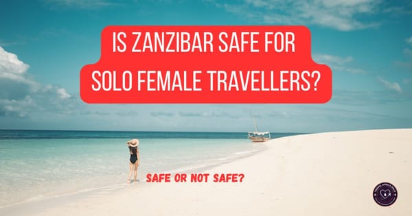 "Is Zanzibar safe for female solo travellers?". A woman in a black swimsuit and sun hat walks on a white sand beach by turquoise water below a bold red headline banner.
